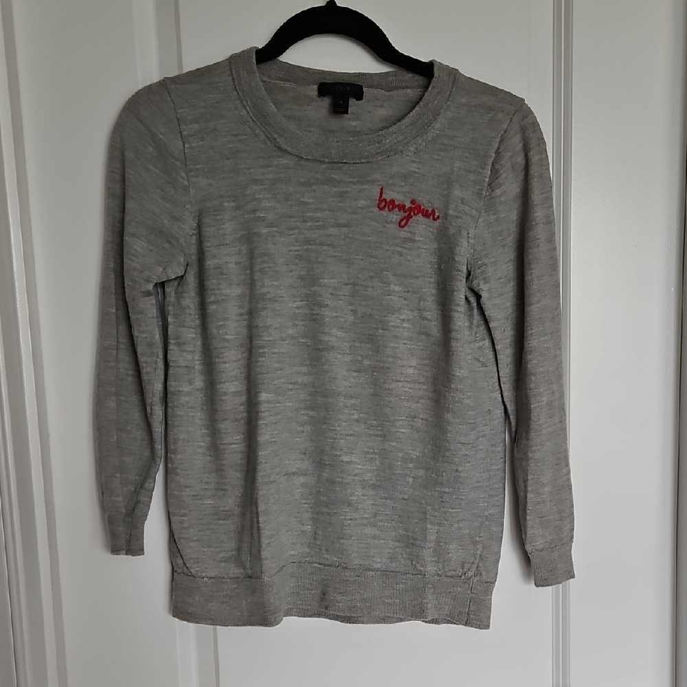 J. Crew Gray Crewneck Sweater with Red 'bonjour' Embroidery